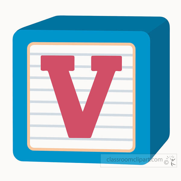 alphabet block with a large pink uppercase letter V on a lined white face with dark blue three dimensional sides