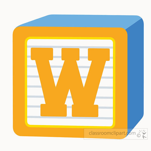 alphabet block with a large uppercase letter W on a lined white face with bright blue three dimensional sides