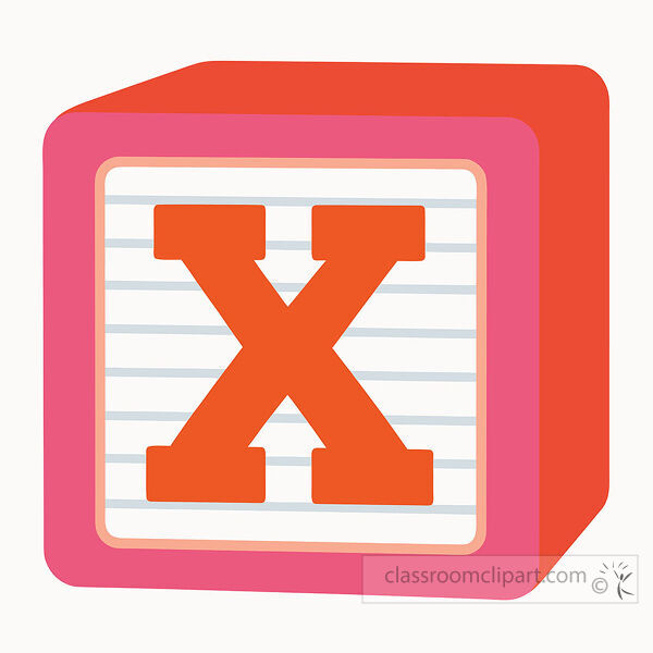alphabet block with a large orange uppercase letter X on a lined white face with red orange three dimensional sides