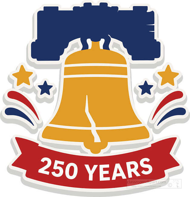 Liberty Bell 250 years badge with gold bell red ribbon blue top shape stars and fireworks accents