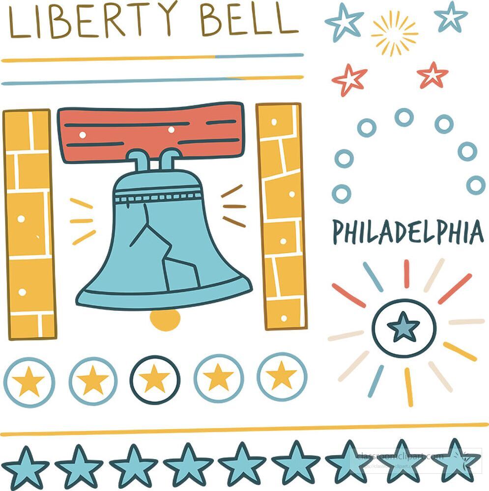 This colorful clip art displays the Liberty Bell a symbol of American independence in a decorative style with stars and text highlighting its historical significance in Philadelphia