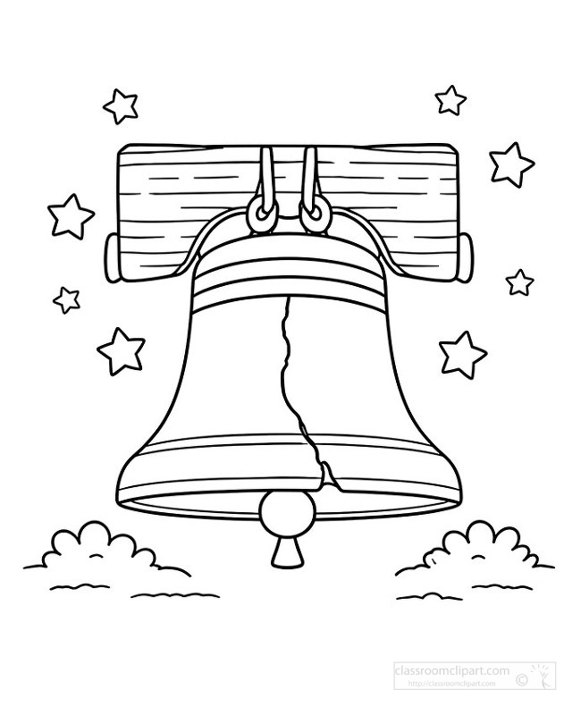 Black and white coloring page of historic Liberty Bell surrounded by stars and clouds