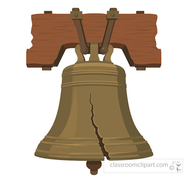 Bronze Liberty Bell hanging from a wooden support with its large visible crack and clapper below