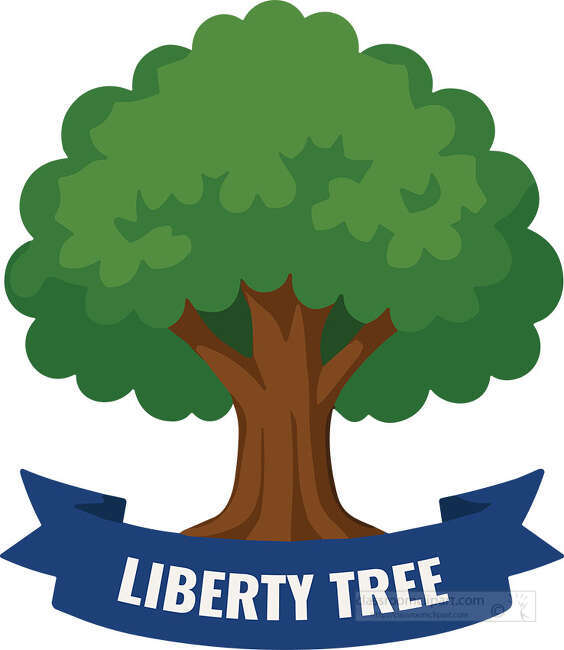 Liberty Tree ribbon badge with large green leafy tree brown trunk and curved blue banner text