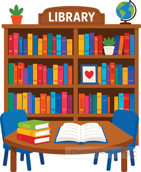 A library bookshelf filled with colorful books stands behind a round reading table with open books