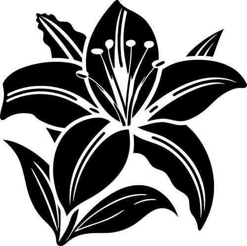 Sleek black silhouette of a lily with detailed petals and leaves