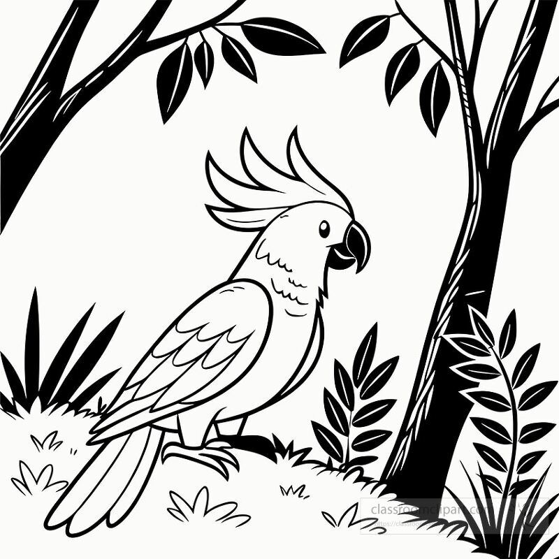 A detailed line drawing features a cockatoo standing proudly amidst lush greenery The bird displays its distinctive crest surrounded by trees and various plants