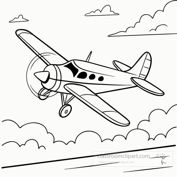 A black and white line drawing shows a passenger plane in flight.