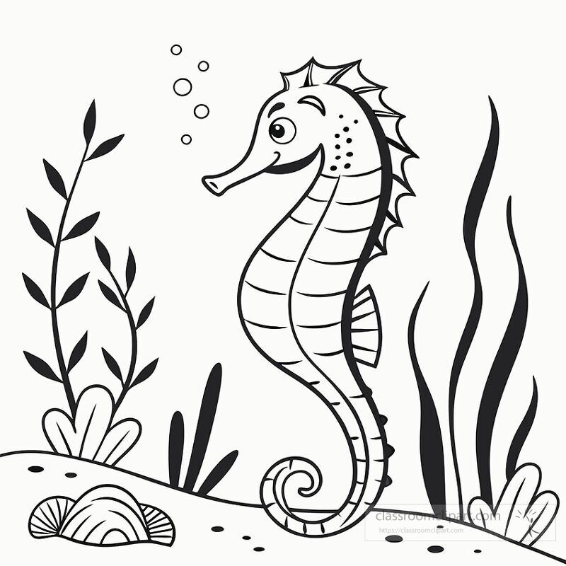 Black outline drawing features a playful seahorse surrounded by underwater plants and shells The design captures a lively marine environment with bubbles and flowing elements