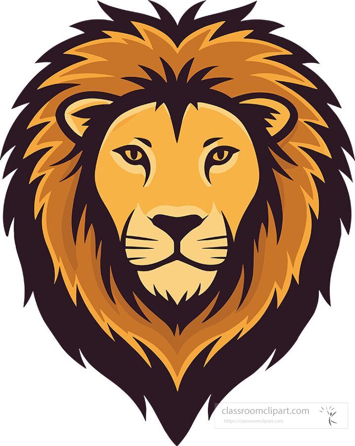 old flat vector illustration of a lion head with a full dark mane and serious expression. This graphic is ideal for educational materials, mascots, and wildlife topics