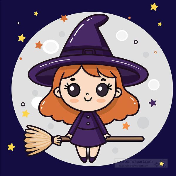 Playful cartoon witch girl with orange hair purple dress and broomstick under the moon great for halloween designs decorations and kids parties