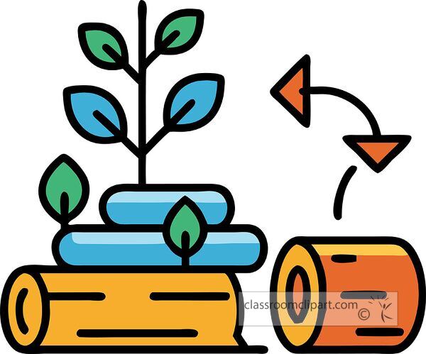 An illustration of a plant growing on stacked logs, with leaves and a circular arrow indicating growth or recycling.