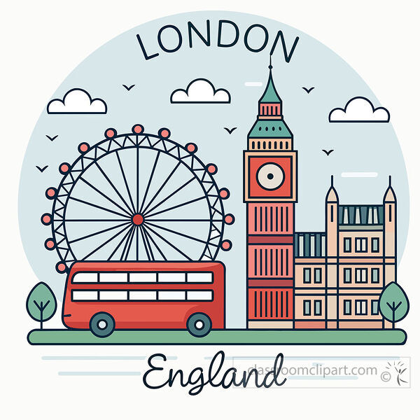 London scene with the London Eye clock tower red bus clouds birds and England lettering