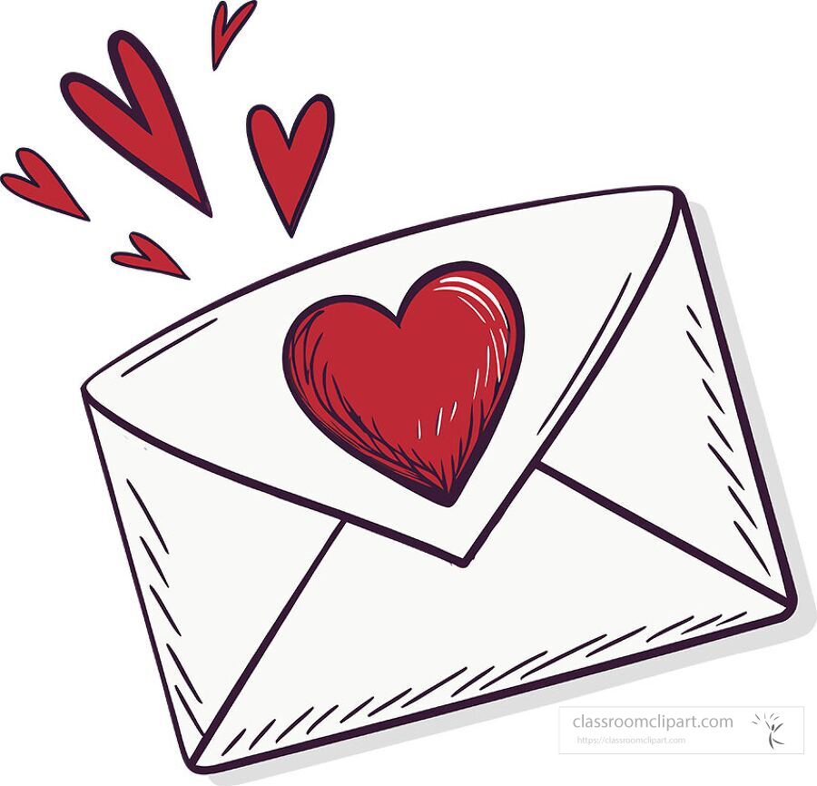 illustration of a white envelope with a red heart and heart shapes floating above