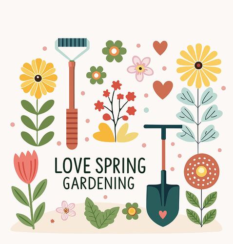 A cheerful spring gardening clipart featuring flowers gardening tools and heart shaped elements to celebrate the joy of planting and nature