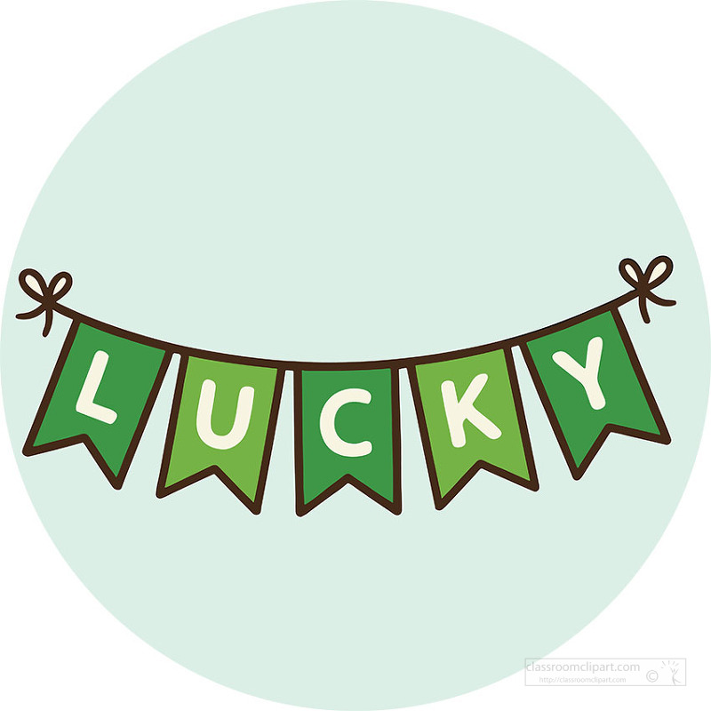 Green pennant banner spelling lucky on pale blue circle