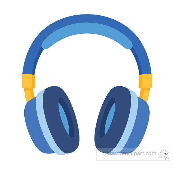 Simple clipart of blue over ear headphones with yellow accents for school audio and technology themes