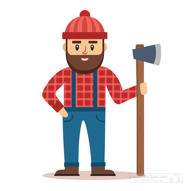 Bearded lumberjack in a red plaid shirt and red knit hat holding a large axe upright
