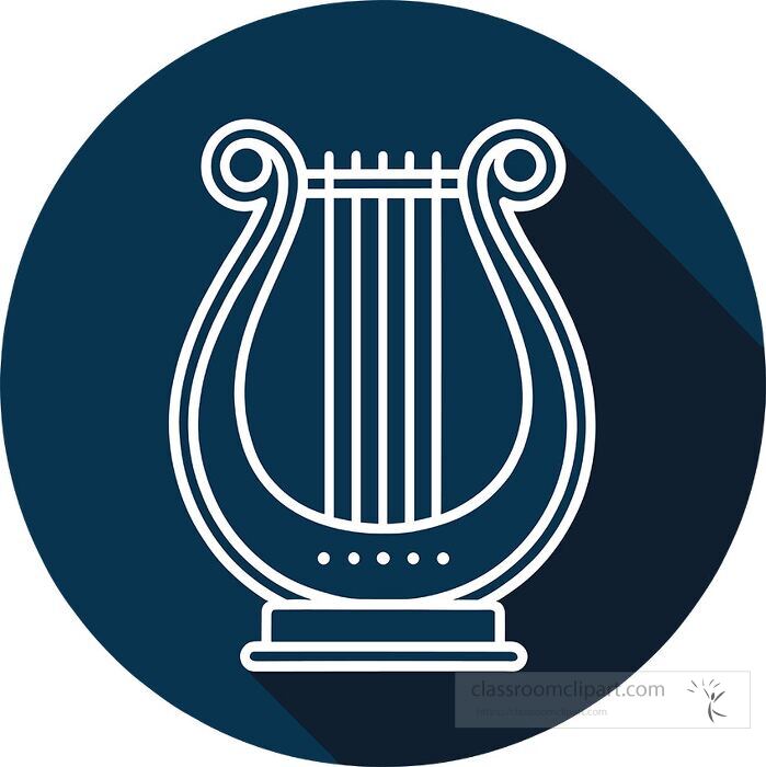 Flat vector outline illustration of a lyre music instrument with white lines on blue circle background