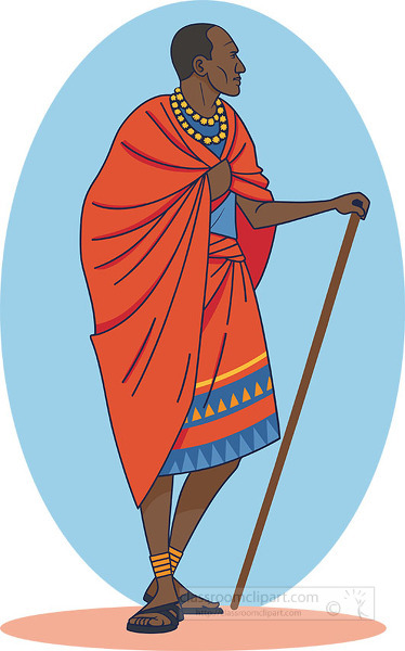 Stylized drawing of a Maasai man from East Africa dressed in traditional red robe ornate beadwork and holding a walking stick against an oval background