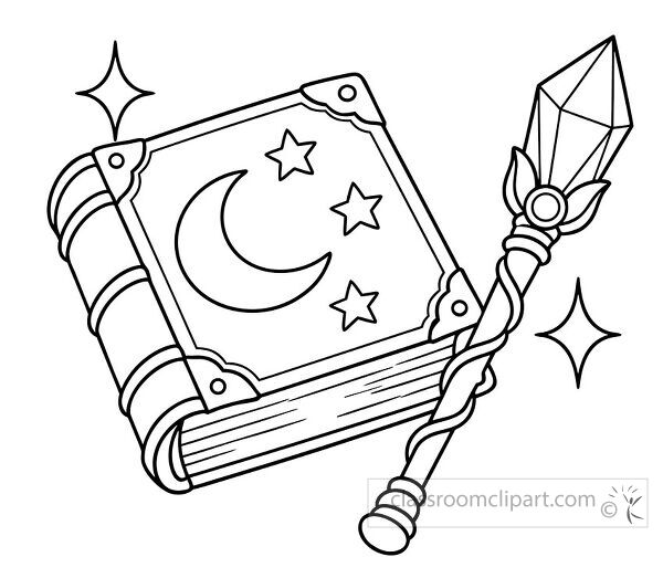 Magic book with crescent moon stars and a twisted crystal wand surrounded by small sparkling shapes for coloring