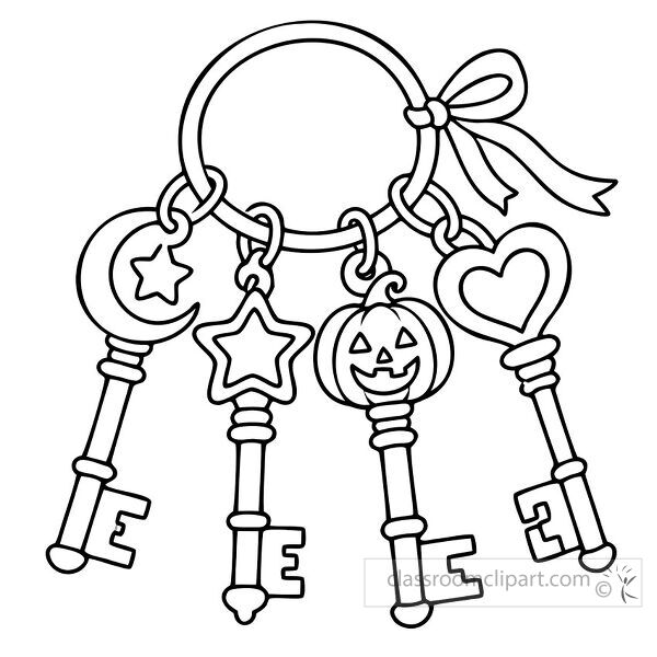 Decorative key ring holds moon star pumpkin and heart keys with a ribbon tied around the top of the ring