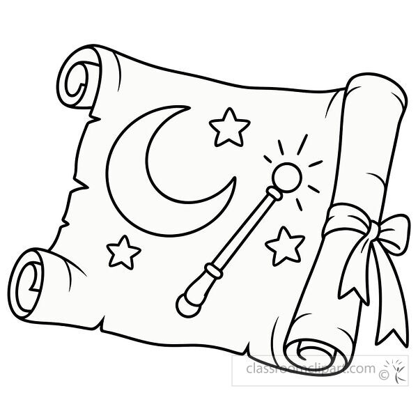 Magic scroll with crescent moon stars and a glowing wand tied beside a rolled parchment with decorative ribbon