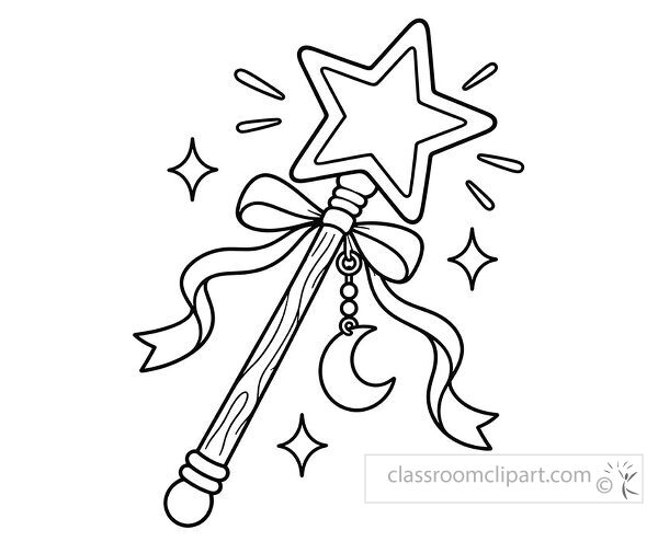 Magic wand topped with a large star and decorated with a ribbon crescent moon