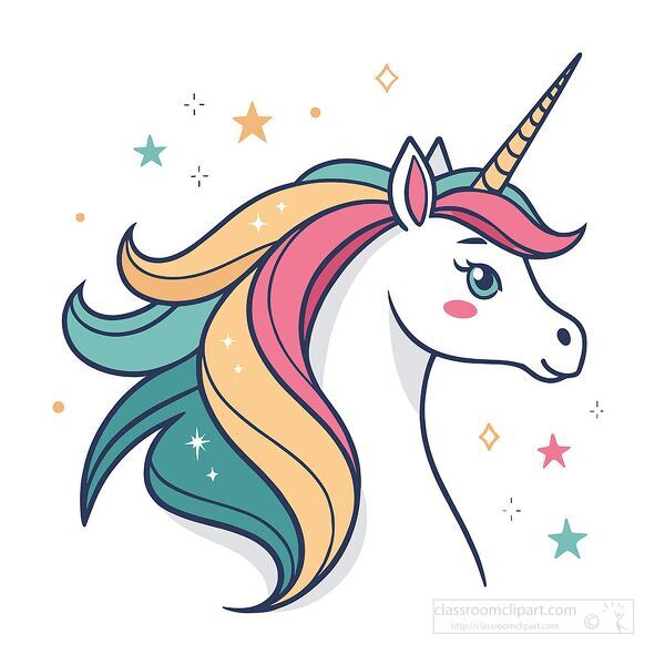 cute cartoon unicorn with pink, yellow, and teal mane and a golden horn surrounded by stars
