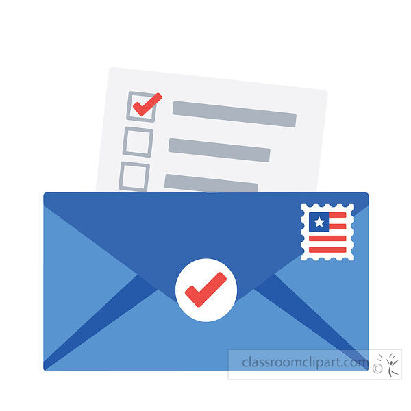 Blue mail ballot envelope with checklist paper red check mark postage stamp and seal mark
