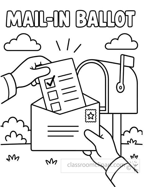 Mail in ballot coloring page with hands placing a checked voting form into an envelope by a mailbox