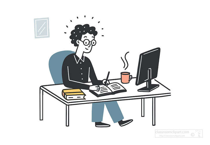 productive student working at desk writing in notebook beside computer