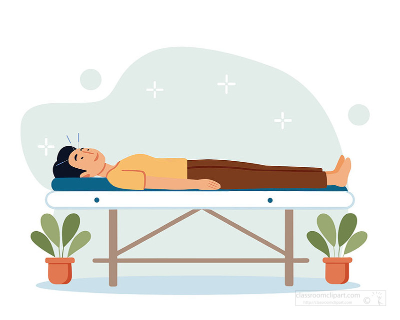 Calm man lies on a padded therapy table while receiving acupuncture needles in a peaceful wellness room with plants.