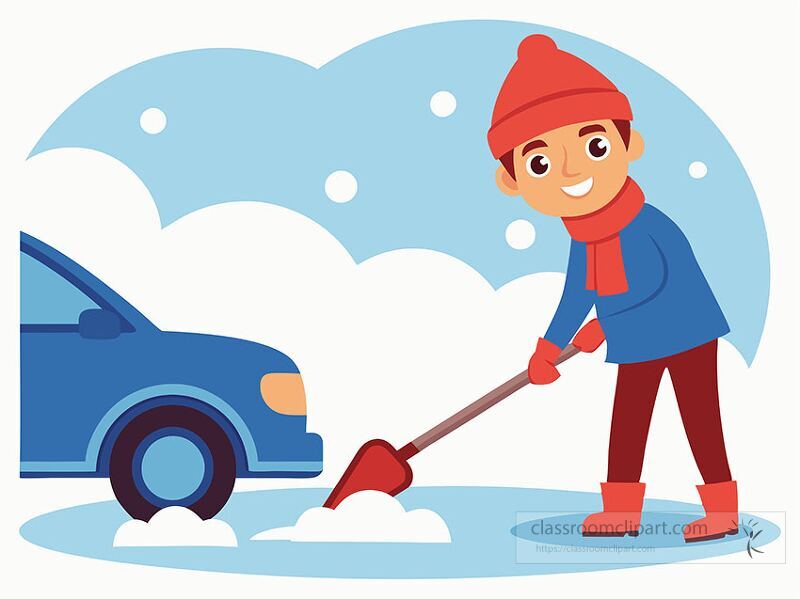 A man in winter clothing shovels snow from around a red car parked outside. The setting features a snowy landscape indicating cold winter weather.