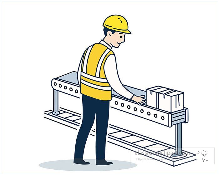vector illustration of a factory employee in safety gear standing at a conveyor belt managing packages suitable for manufacturing and safety materials