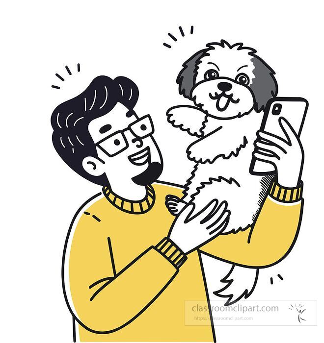 Cartoon man holding small dog up while taking selfie with smartphone smiling