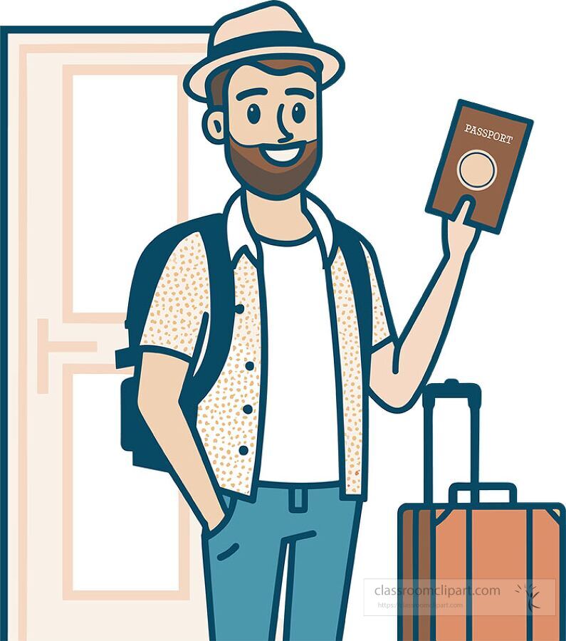 illustration of a smiling man holding a passport with luggage ready for travel