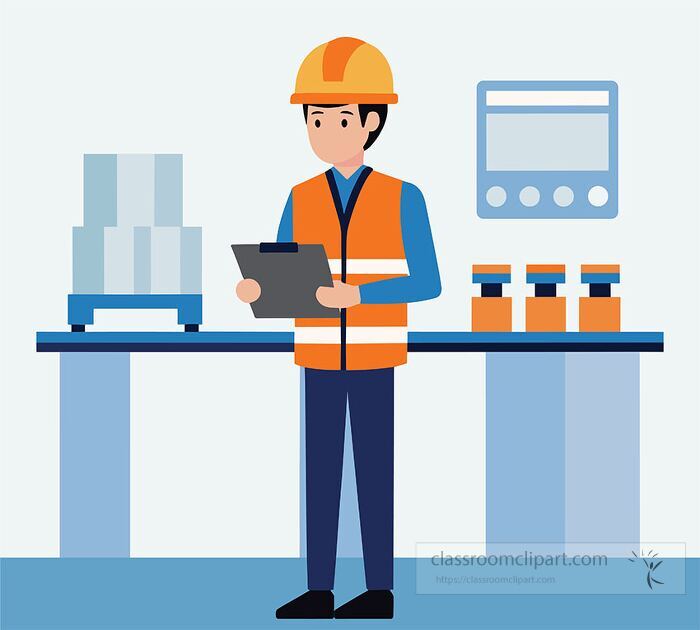 flat cartoon illustration of a factory manager holding a clipboard inspecting production line products wearing a helmet and reflective vest perfect for industry training visuals