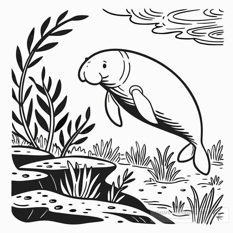 A black and white line drawing features a manatee swimming gracefully amid underwater plants and rocks in a serene coastal environment showcasing the beauty of marine life