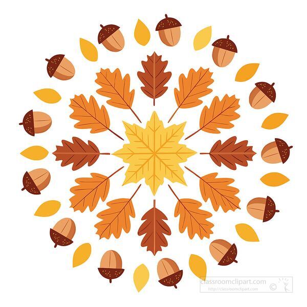 Mandala artwork created with autumn leaves and acorns great for fall decorations crafts and classroom projects