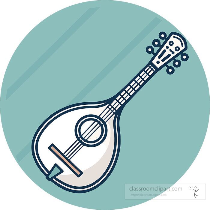 Flat vector illustration of a mandolin musical instrument clipart with detailed strings and rounded body perfect for music education and instrument learning