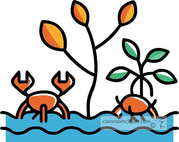 A colorful illustration of two crabs in a blue water setting, surrounded by plants