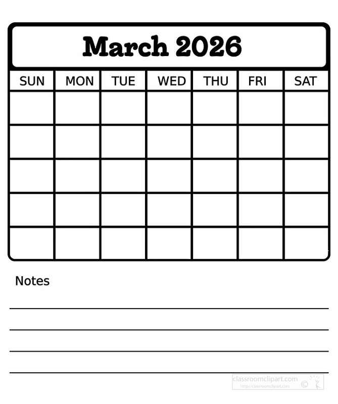 Black and white March 2026 calendar sheet that combines a clear monthly grid with lined notes at the bottom ideal for tracking events goals and important reminders
