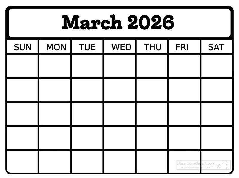 Simple black and white march 2026 calendar page featuring a clean grid layout with Sunday through Saturday