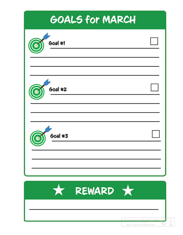 Fun march goals chart in green. Includes three goal lines each with a dartboard icon and a reward area