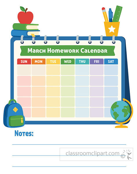 March homework calendar template with notes lines school supplies a blank weekday grid backpack books and globe