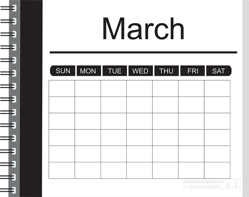Simple march calendar designed like a planner notebook page with clear weekday headings and blank boxe