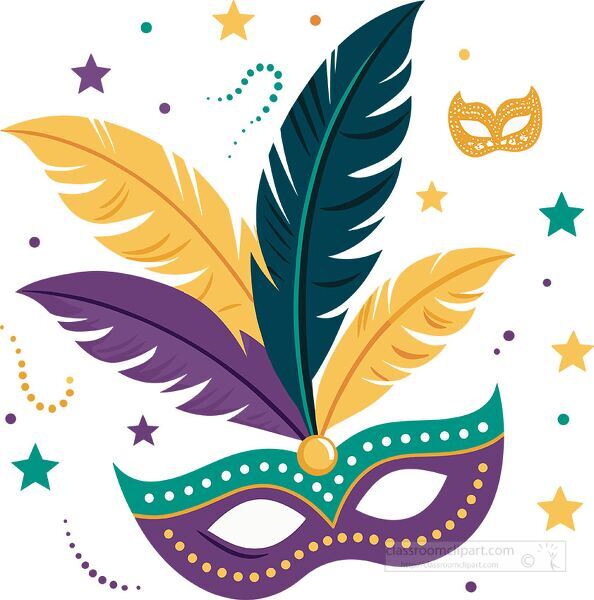 Illustration of mardi gras mask with feathers confetti and stars for holiday and cultural education resources