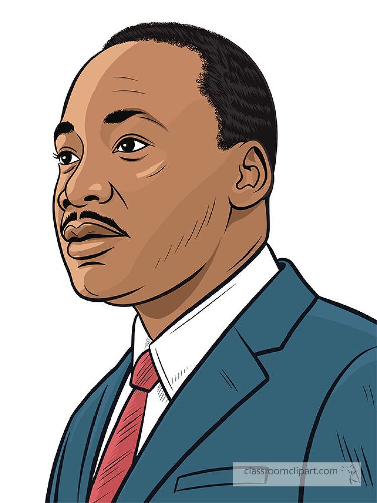 A clip art representation of Martin Luther King Jr showcasing his thoughtful expression. He is depicted in formal attire with a suit and tie exuding leadership and dignity.