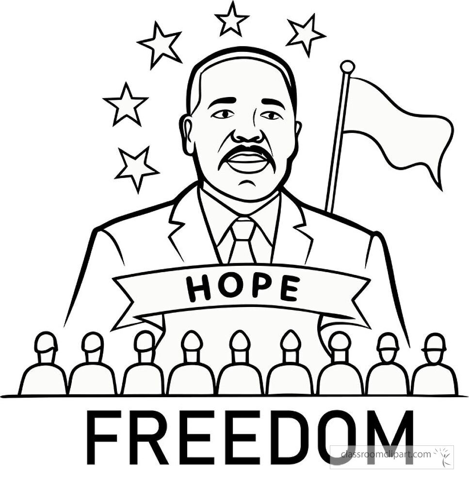 A clip art depiction features Martin Luther King Jr passionately delivering his famous speech He stands proud with a flag conveying messages of hope and freedom to the audience